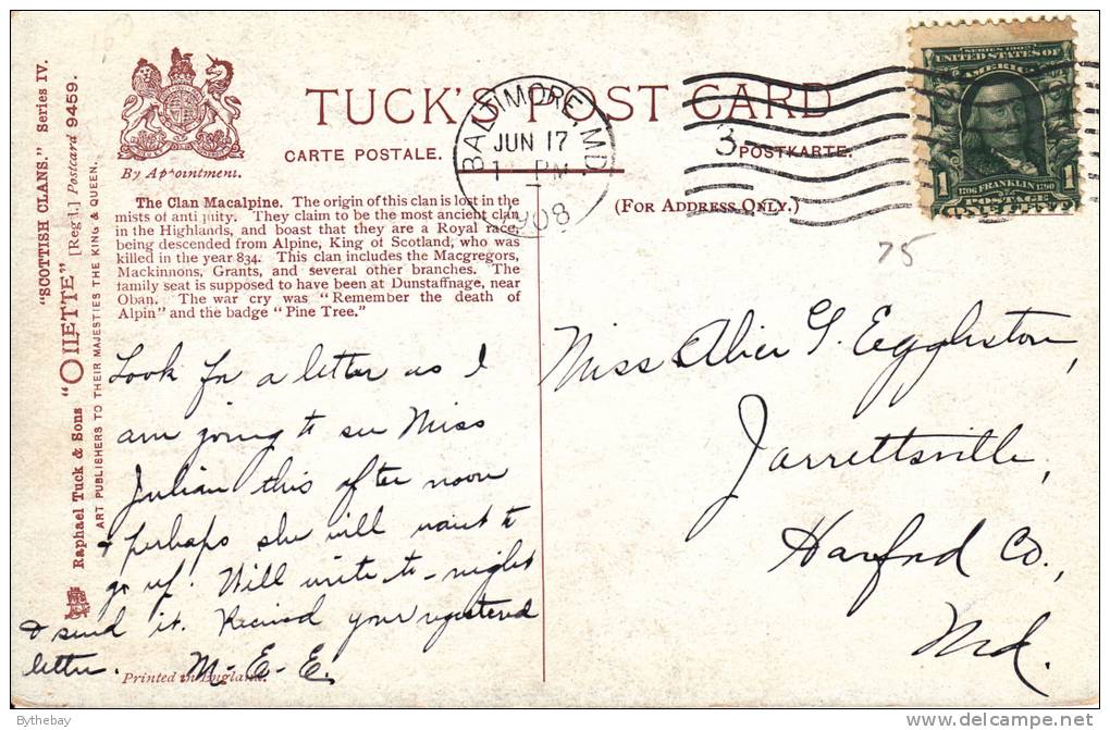 Tuck - The Macalpine - Loch Katrine Scottish Clans Series IV Postcard 9459 Postmark: Baltimore, MD Jun 17 1908 - Généalogie