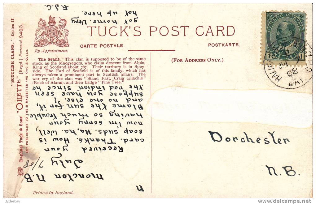 Tuck - The Grant - Grant Castle Scottish Clans Series II Postcard 9403 Postmark: Halifax-St. John RPO Day Jul 7 08 - Genealogia