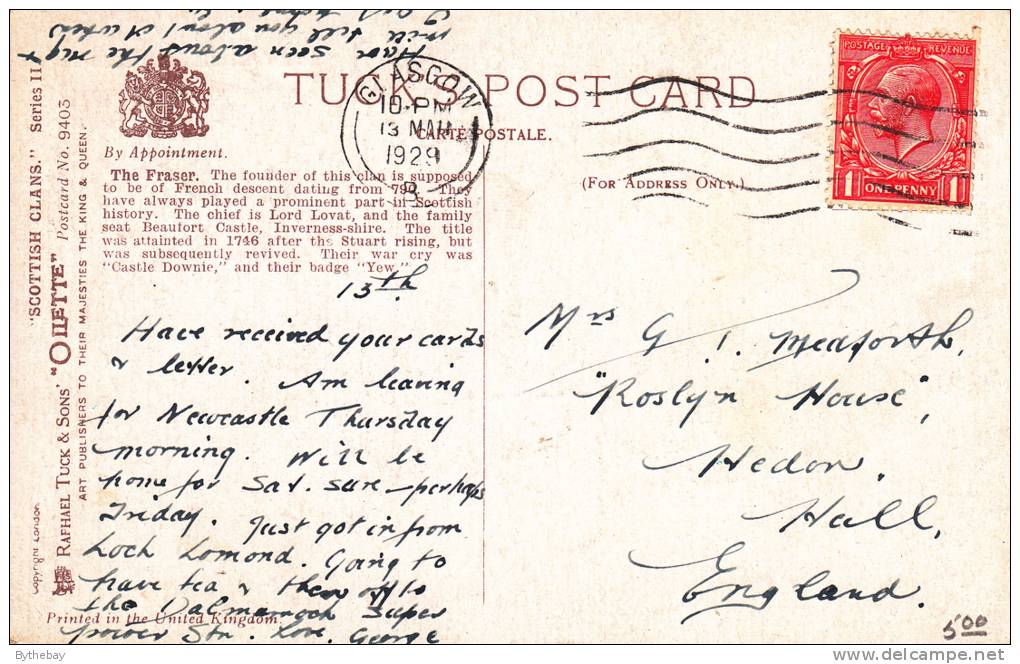 Tuck - The Fraser - Beaufort Castle Scottish Clans Series II Postcard 9403 Postmark: Glasgow 13 Mar 1929 - Genealogy