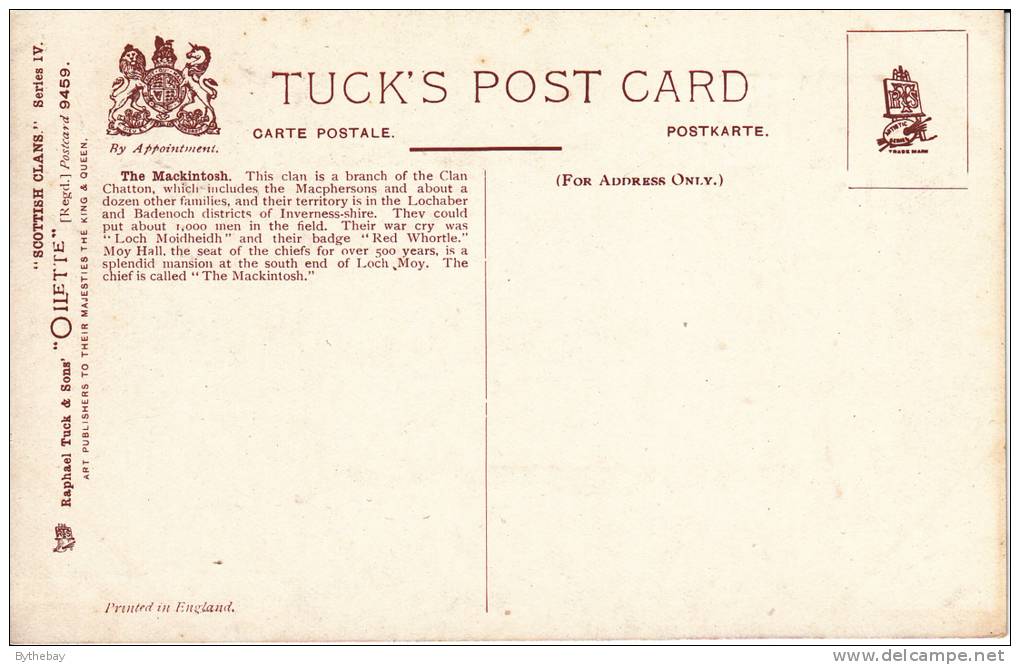 Tuck - The Macintosh - Moy Hall Scottish Clans Series IV Postcard 9459 - Genealogy