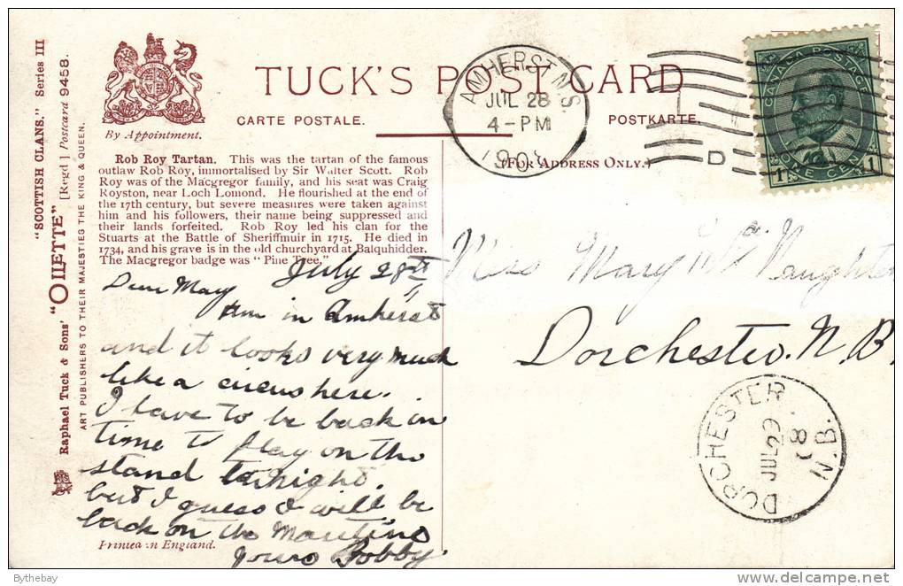 Tuck - The Rob Roy - Bridge Of Dolhart Scottish Clans Series III Postcard 9458 Postmark: Amherst, NS Jul 28 1908 - Genealogia