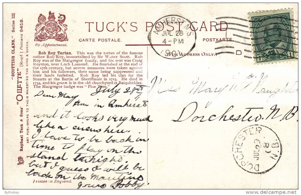 Tuck - The Rob Roy - Bridge Of Dolhart Scottish Clans Series III Postcard 9458 Postmark: Amherst, NS Jul 28 1908 - Généalogie