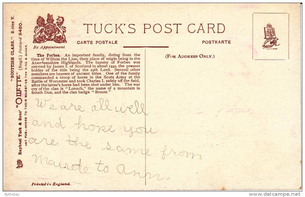 Tuck - The Forbes - Forbes Castle Scottish Clans SeriesV Postcard 9480 - Généalogie