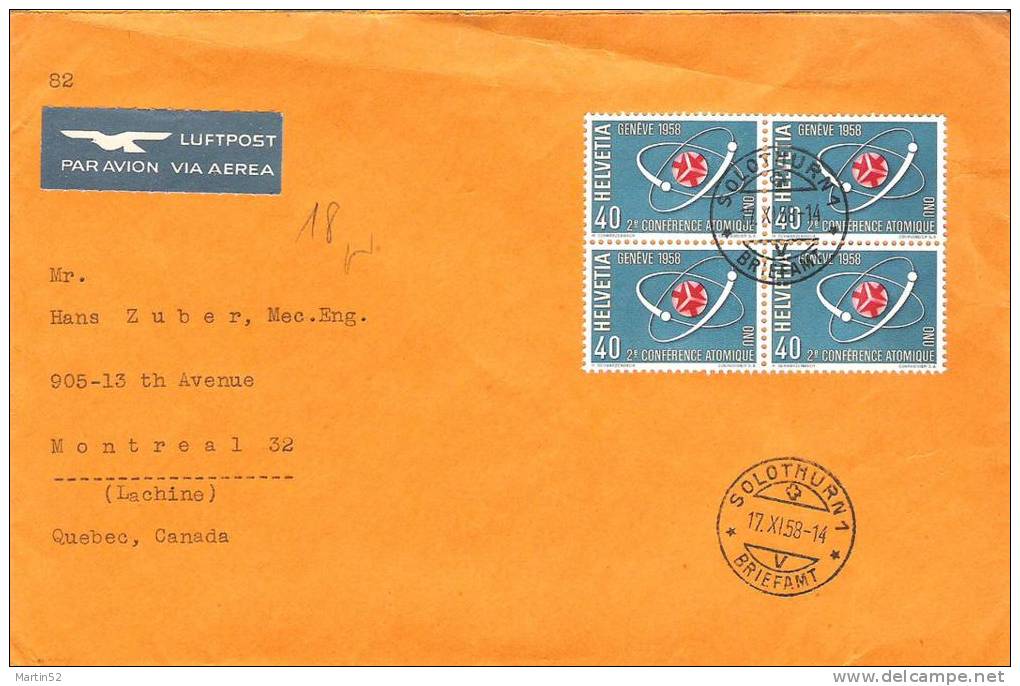 Schweiz Suisse 1958: Flugbrief Von SOLOTHURN 17.IX.58 Nach Montreal (Canada) Zumstein CHF 4.00 Für Lose O ATOM ALS EF - Altri & Non Classificati