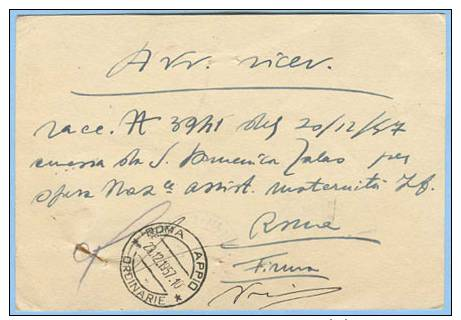 1957 INTERI CARTOLINA POSTALE SIRACUSANA L.20 USATA COME AVVISO RIVIMENTO DI RACCOMANDATA 20.12.57 (5330) - Interi Postali