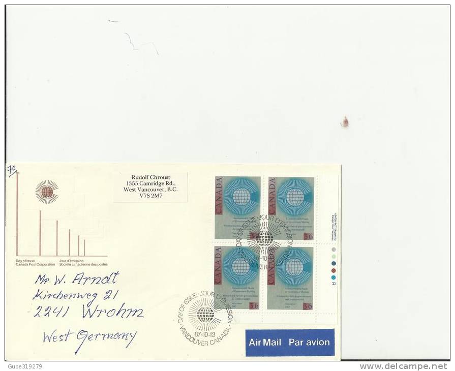 CANADA 1987  – FDC 9TH COMMONWEALTH HEADS OF GOVERNMEENT MEETING – VANCOUVER OCT 13-17 - ADDR TO GERMANY W 1 LOWER RIGHT - 1981-1990