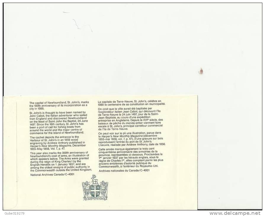 CANADA 1988 – FDC 100 YEARS OF ST JOHN’S INCORPORATION AS CITY CAPITAL OF NEWFOUNDLAND   W 1 ST OF 37 C POSTM ST.JOHN’S, - 1981-1990