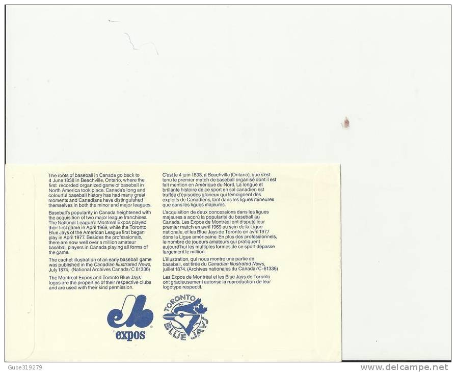 CANADA 1988 – FDC 150 YEARS BASEBALL GAMES IN CANADA – 1ST GAME IN BEACHVILLE ONT.   W 1 ST OF 37 C POSTM BEACHVILLE - O - 1981-1990