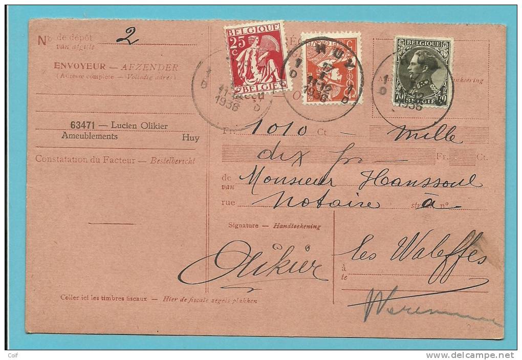 336+339+401 Op Ontvangkaart (carte-recepisse) Met Stempel HUY 1D - 1932 Ceres And Mercurius