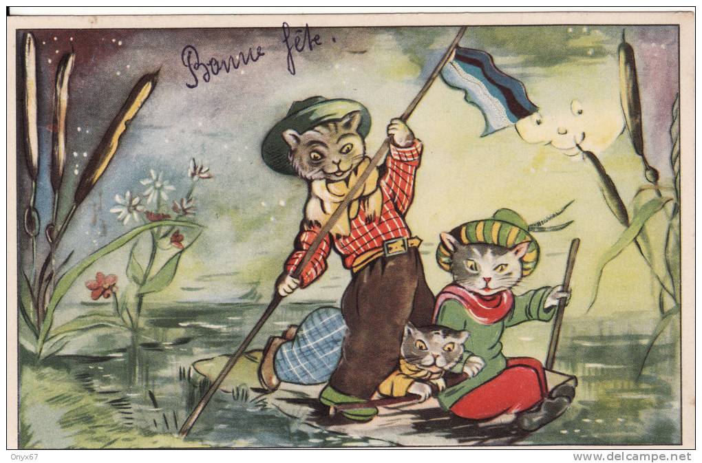 Carte Postale Fantaisie CHAT Habillé En Humain En Barque -Lune-Rivière-Drapeau-VOIR 2 SCANS - - Chats