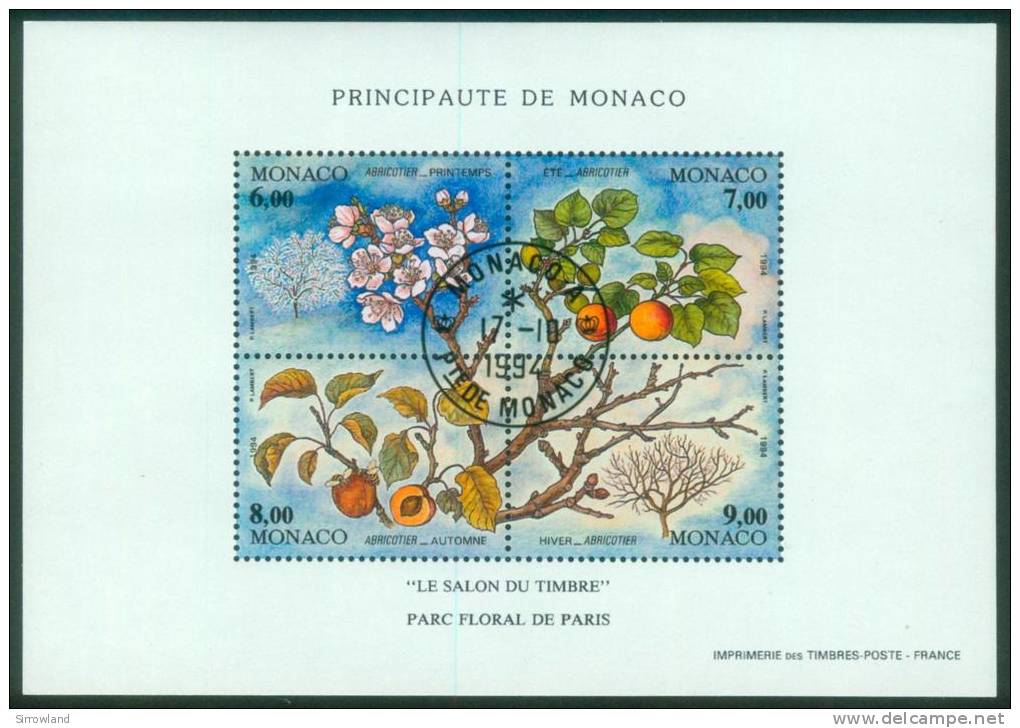 Monaco  1994  Die Vier Jahreszeiten XII - Aprikosenbaum  (1 Bl. Gest. (used) Kpl. )  Mi: Bl. 65 (13,00 EUR) - Autres & Non Classés