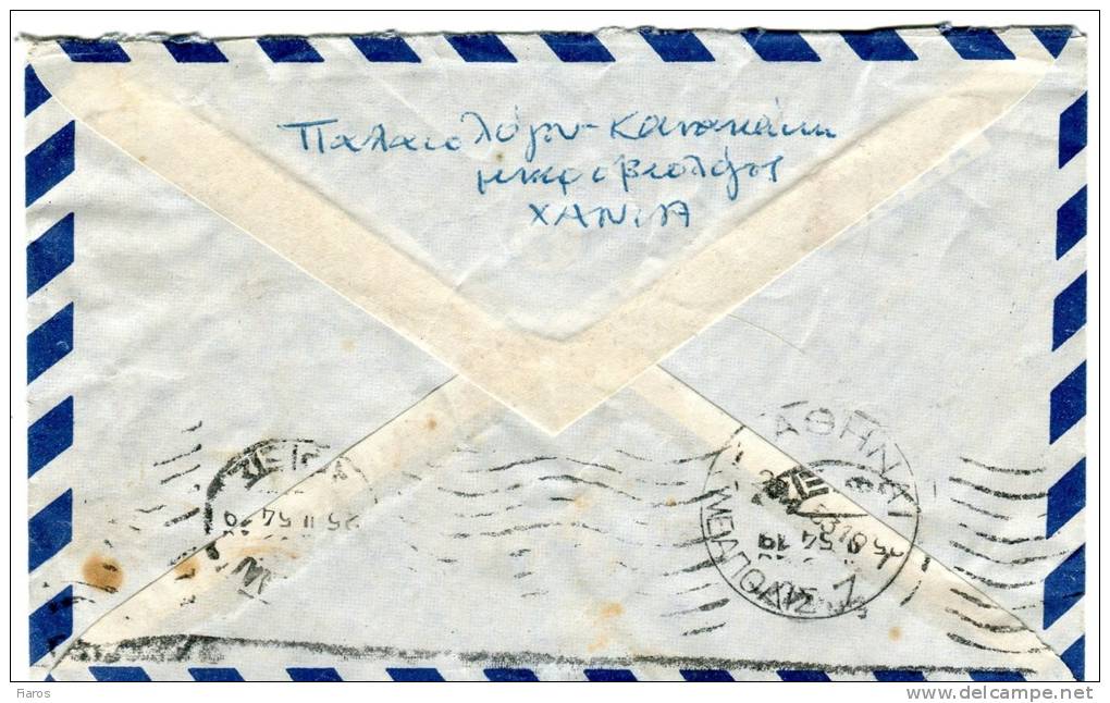 Greece- Air Mail Cover Posted From Crete [Chania 24.2.1954 XXII Type, Arr. 25.2.1953 Erroneous Date] To (Neapolis)Athens - Tarjetas – Máximo