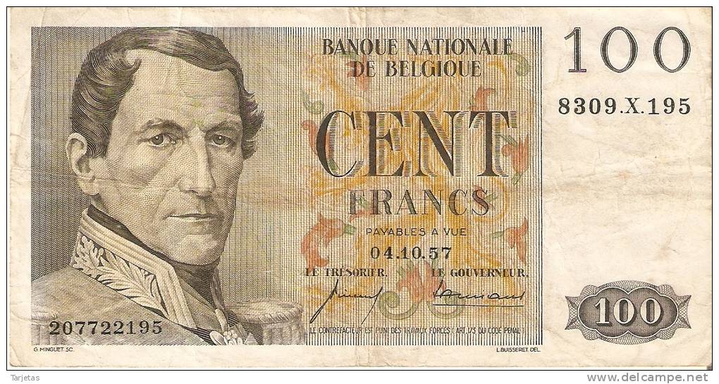 BILLETE DE BELGICA DE 100 FRANCOS DEL AÑO 1957   (BANK NOTE) 04.10.57 - 100 Francos