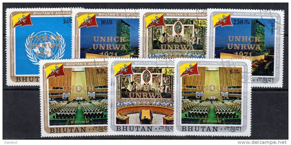 M876.-.BHUTAN.-. 1971 .-.SC#: 140-43 - USED - UN EMBLEM AND BHUTAN  FLAG .-. OVERPRINTED.-. SCV $ 4.50 - Bhutan