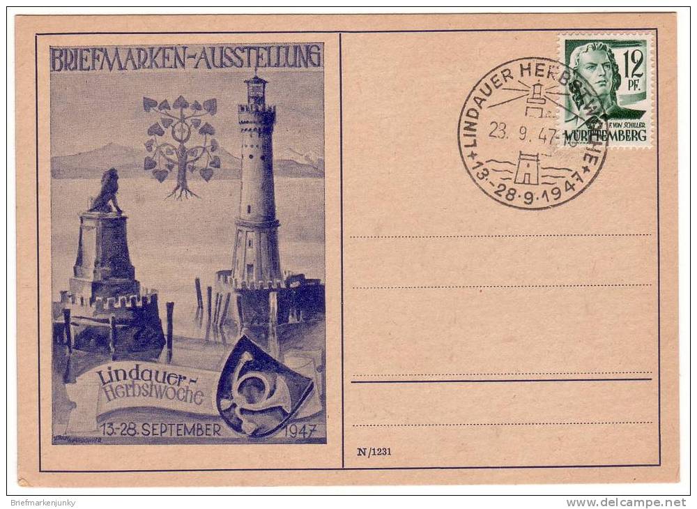 Lindauer Briefmarken-Ausstellung 1947 , SST , Sonderkarte - Andere & Zonder Classificatie