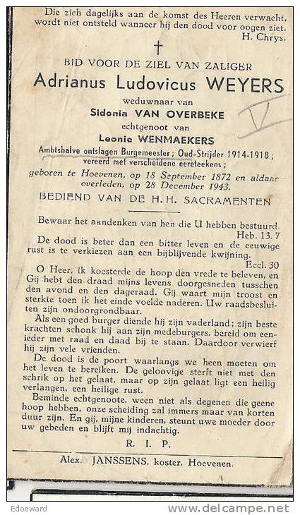 ( C 3 ) ° HOEVENEN 1872 + 1943 ADRIANUS K.WEYERS ONTSLAGEN BURGEMEESTER...14-18 - Images Religieuses