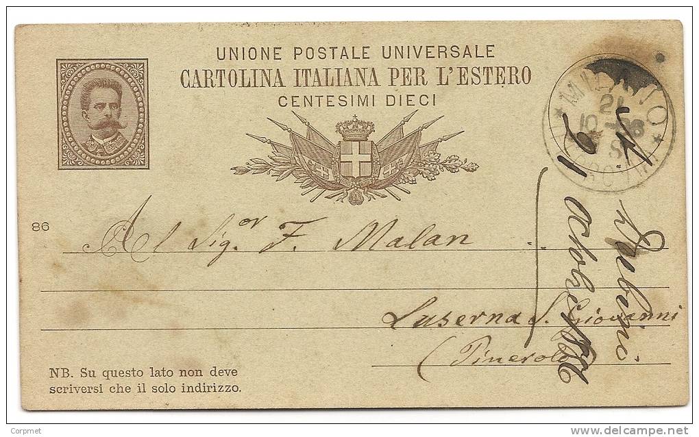 ITALIA - 1886 CARTOLINA  ITALIANA PER L´ESTERO Used Inside L´Italia  From MILANO To LUSERNA S. GIOVANNI - Entiers Postaux