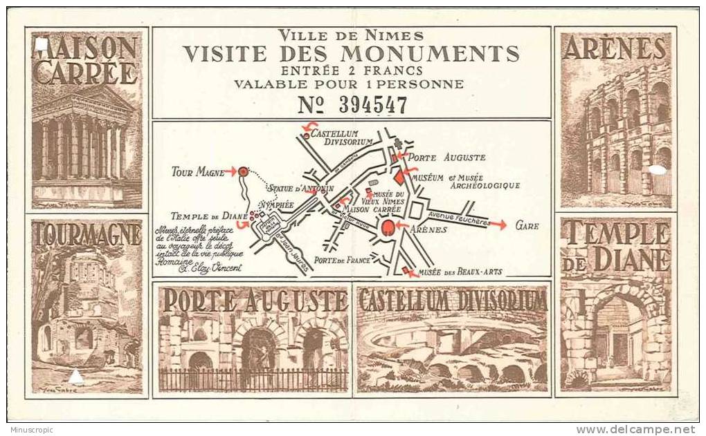Ville De Nimes - Visite Des Monuments - Entrée = 2 Francs - Tickets - Vouchers