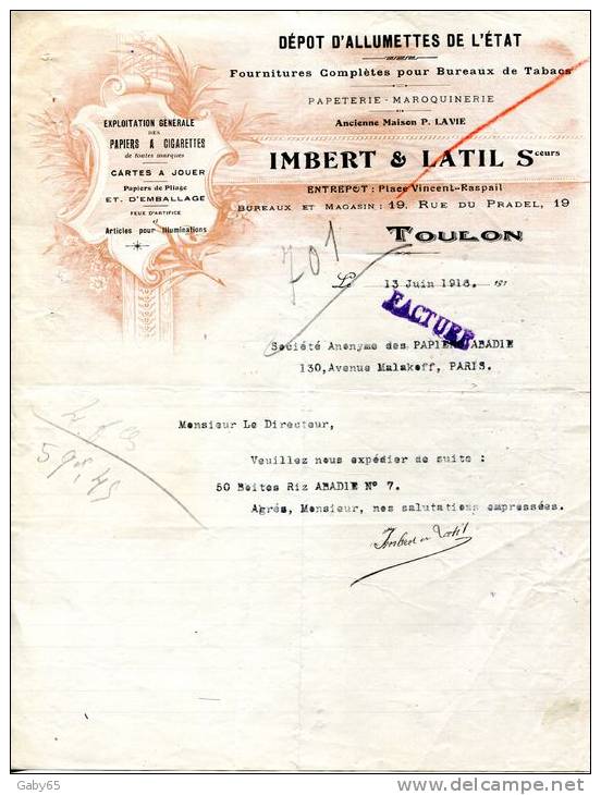 83.TOULON.DEPOT D´ALLUMETTES DE L´ETAT.CARTES A JOUER,FEUX D´ARTIFICE.IMBERT & LATIL. - Autres & Non Classés