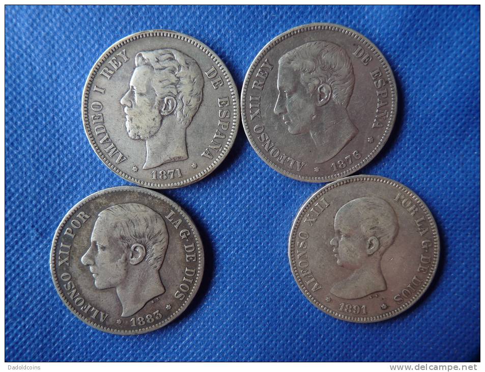 Espagne Spain Lot 4x 5 Pesetas Argent Silver 25g 0,9 Amadeo I 1871 Alfonso XII 1876-83 Alfonso XIII 1891 Ver  Fotos - Colecciones