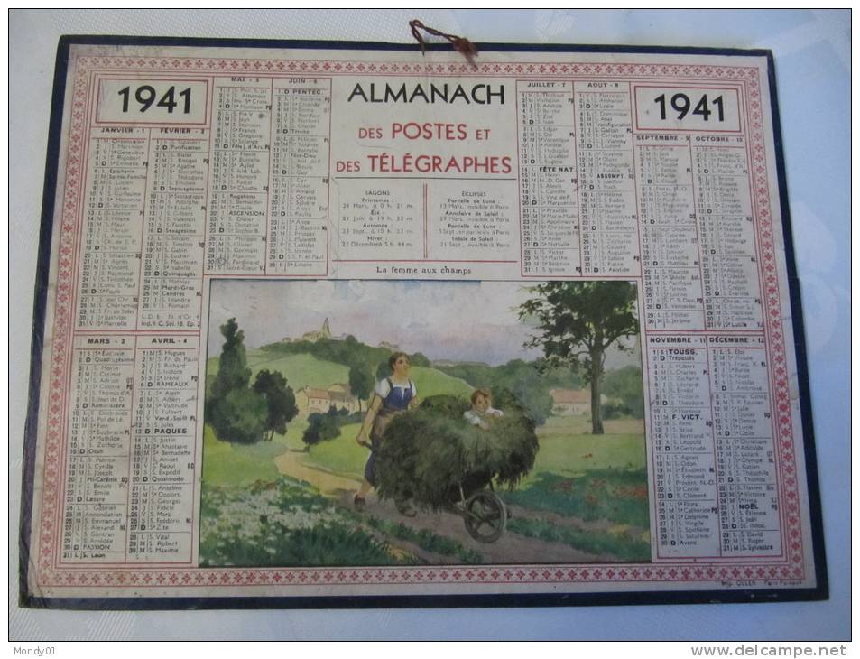 11889 Calendrier Calendar 1941 War Guerre Campagne Paris Femme Aux Champs - Grand Format : 1941-60