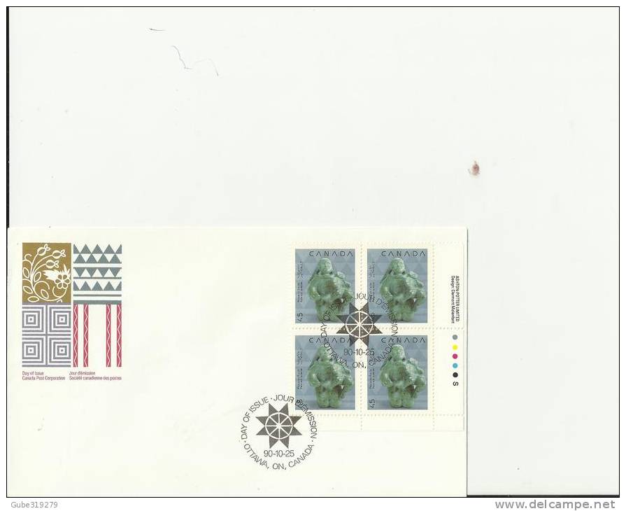 CANADA 1990 – FDC INDIAN ART SCULPTURE – MOTHER & CHILD BY AN INUIT ARTIST W 1 LOWER RIGHT BLOCK OF 4 STS OF 45 C POSTM. - 1981-1990