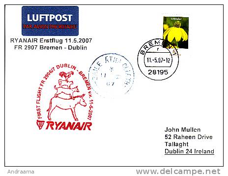 Erstflugpost - Ryanair - Bremen - Dublin - 11.05.2007 - Nebenstempel Mit Märchenmotiv [dx44a] - Esel