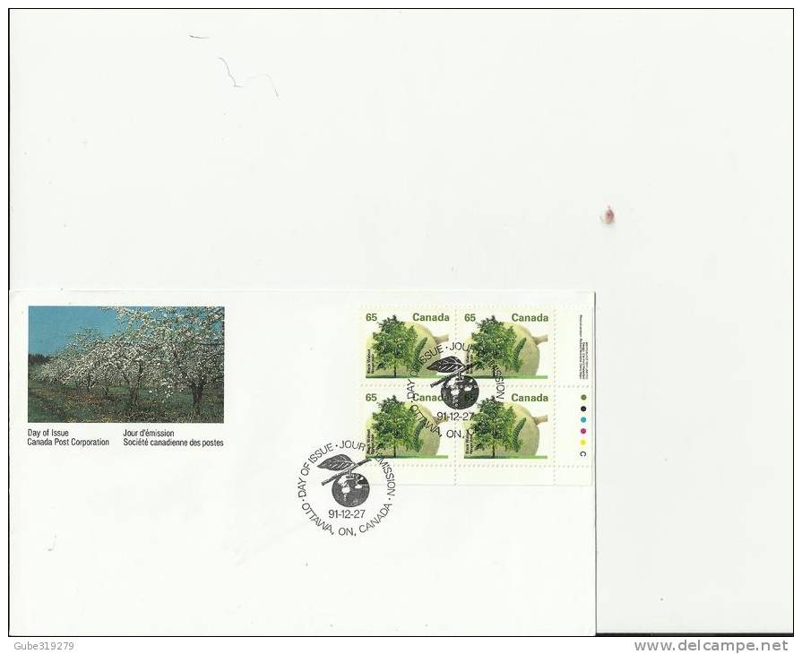 CANADA 1991 – FDC FRUIT TREES GROWING – BLACK WALNUT   W 1 LOWER RIGHT BLOCK OF 4 STS   OF 65 C POSTM. OTTAWA, ON DEC 27 - 1991-2000