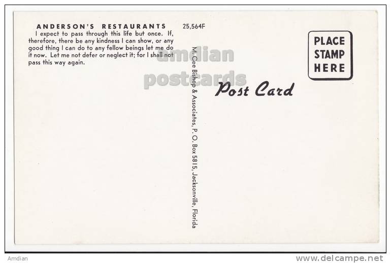 ANDERSON'S RESTAURANTS ~WINTER PARK-ORLANDO FL~old Advertising Postcard C1960s  [c3460] - Orlando