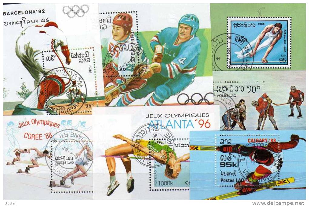 7 Motive Blocks Winter-Sport Sommer-Olympiade Laos Block O 12€ Olympische Ringe Topics Bloc Summer Olympic Sheet Of Lao - Collections (with Albums)
