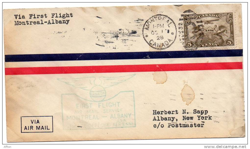 First Flight Montreal Albany 1928 Cover - First Flight Covers