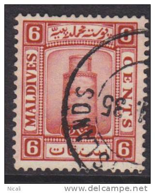 MALDIVES 1933 6c Scarlet SG 15B U XY154 - Maldiven (...-1965)