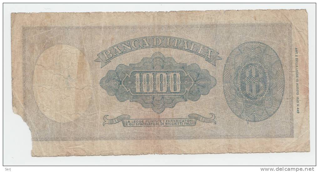 Italy 1000 Lire 10-2- 1948 G-VG RARE Banknote P 88a - 1.000 Lire