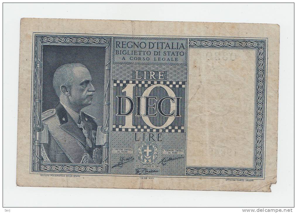 Italy 10 Lire 1938 VF (missing Edge) P 25b 25 B - Regno D'Italia – 10 Lire