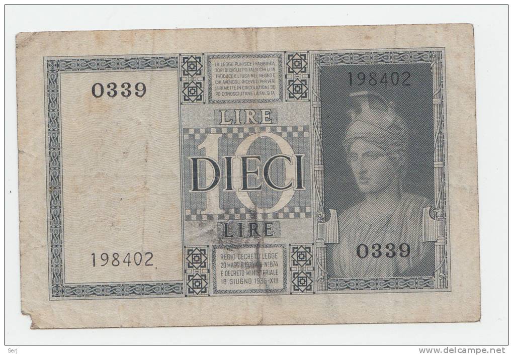 Italy 10 Lire 1938 VF (missing Edge) P 25b 25 B - Regno D'Italia – 10 Lire