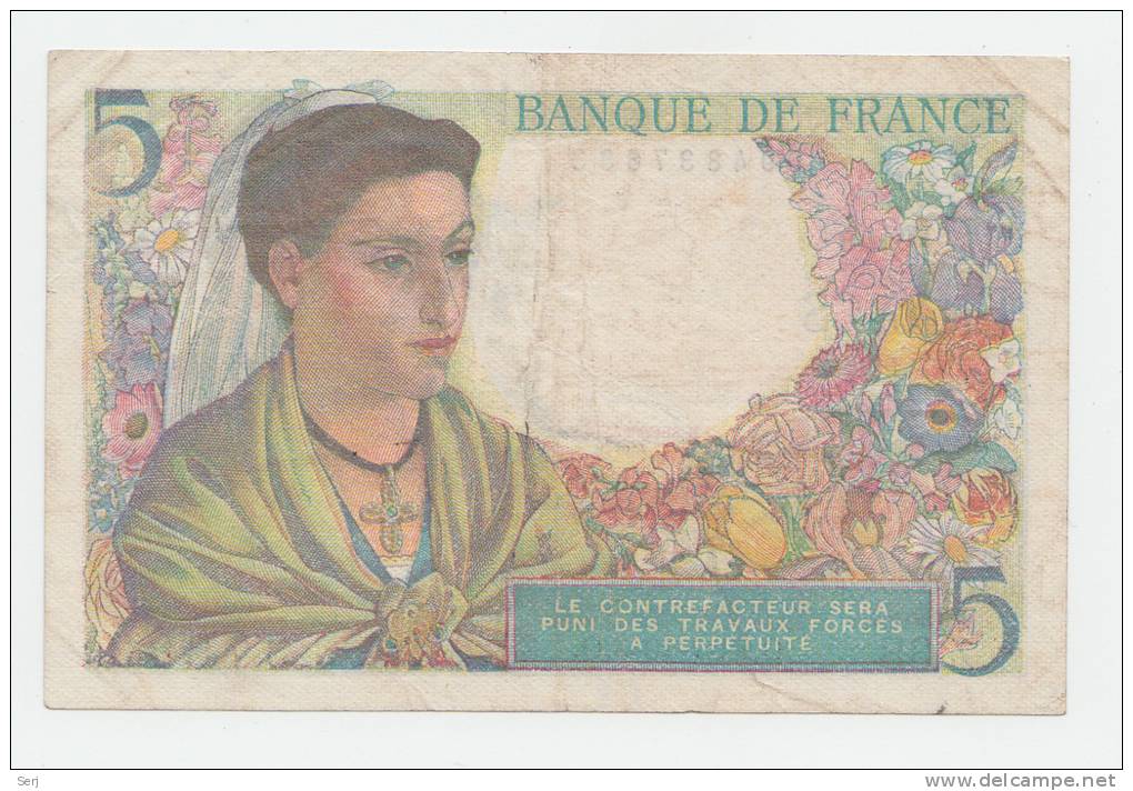 FRANCE 5 FRANCS 1943 VF (4 Pinholes) P 98a 98 A - 5 F 1943-1947 ''Berger''