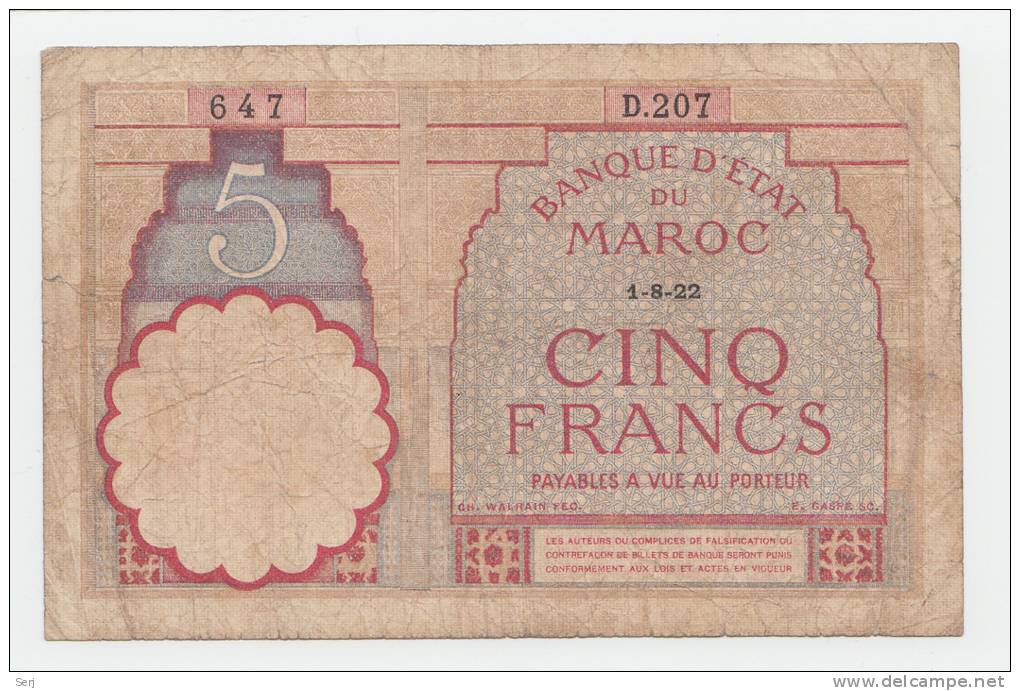 MOROCCO 5 FRANCS 1922 VG+ P 23Aa - Marokko