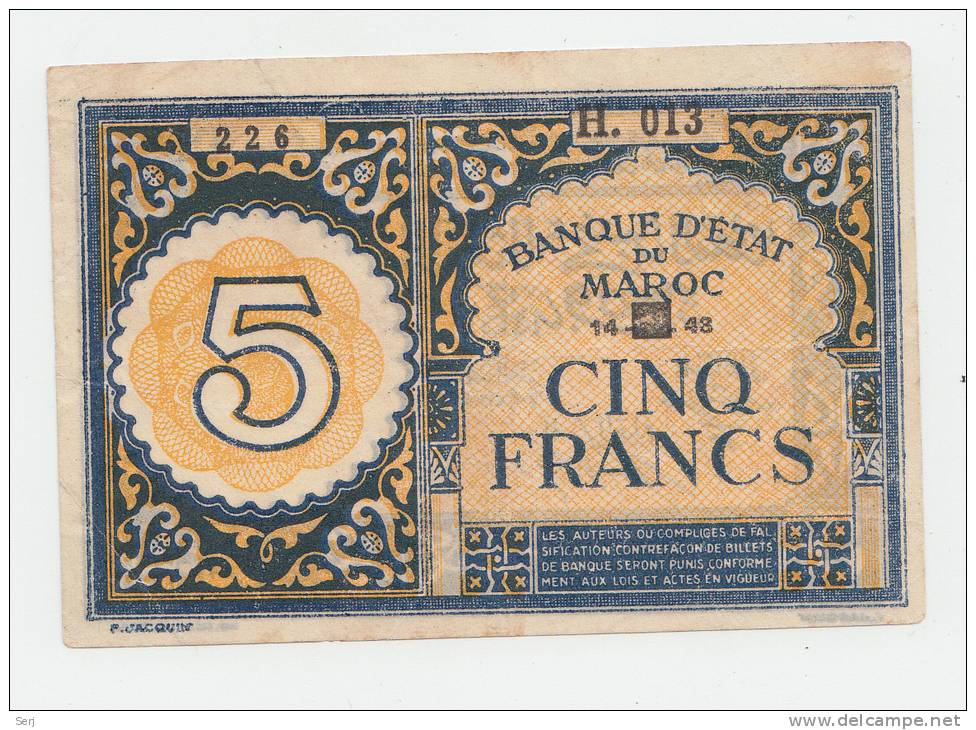 Morocco 5 Francs 1943 VF++ Banknote P 33 - Marokko