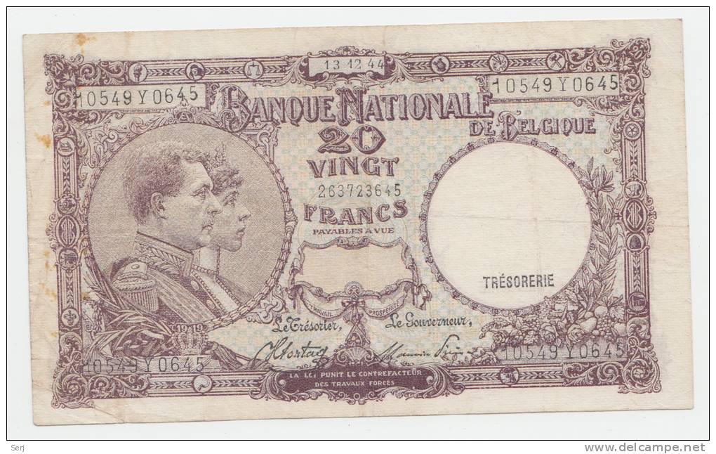 Belgium 20 Francs 1944 VF+ CRISP Banknote P 111 - 20 Francs