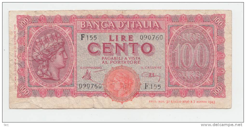 Italy 100 Lire 1944 AVF Banknote P 75a 75 A - 100 Lire