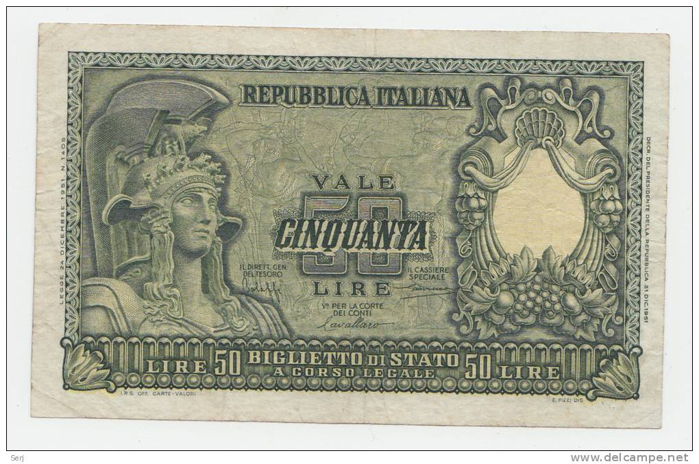 ITALY 50 Lire 1951 VF+ P 91a 91 A - 50 Liras