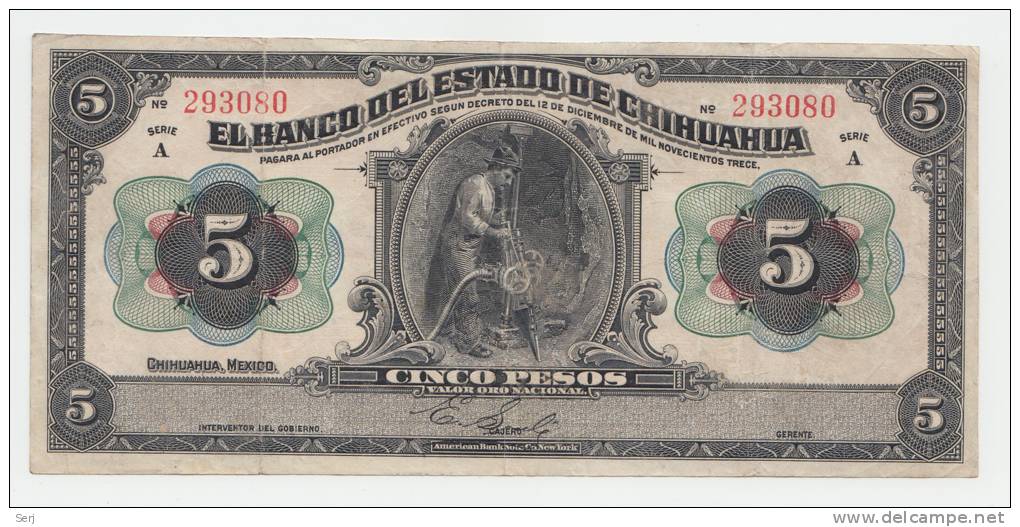 Mexico 5 Pesos Estado De Chihuahua Dec 12, 1913 VF+ - Mexique