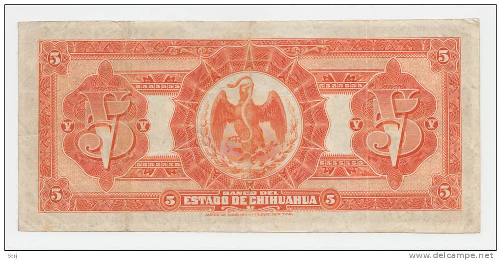 Mexico 5 Pesos Estado De Chihuahua Dec 12, 1913 VF+ - Mexique