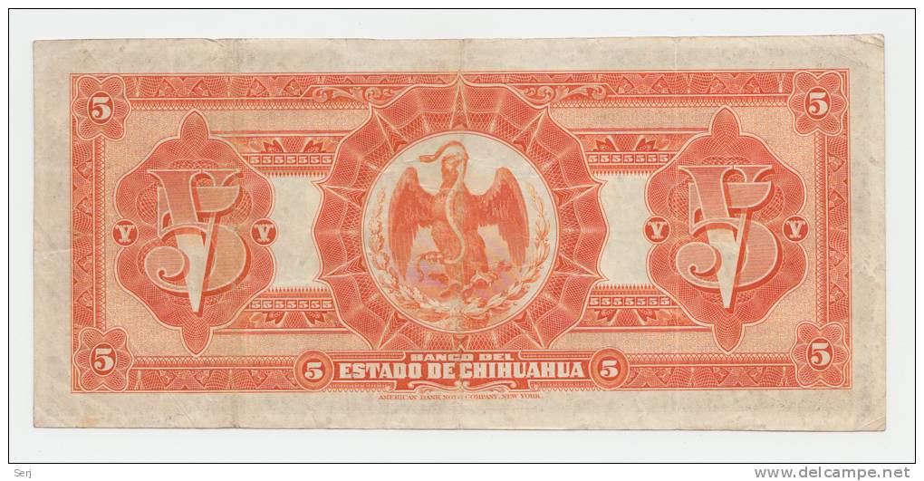 Mexico 5 Pesos Estado De Chihuahua Dec 12, 1913 VF+ - Mexiko