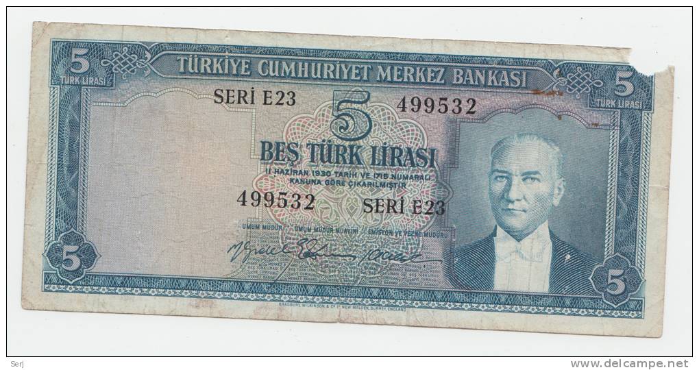 Turkey 5 Lira L.1930 (1959) "F" (missing Edge) RARE Banknote P 155 - Türkei