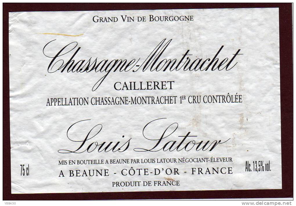 Étiquette  De CHASSAGNE - MONTTRACHET . Cailleret. 1er Cru - Louis Latour à Beaune - Bourgogne