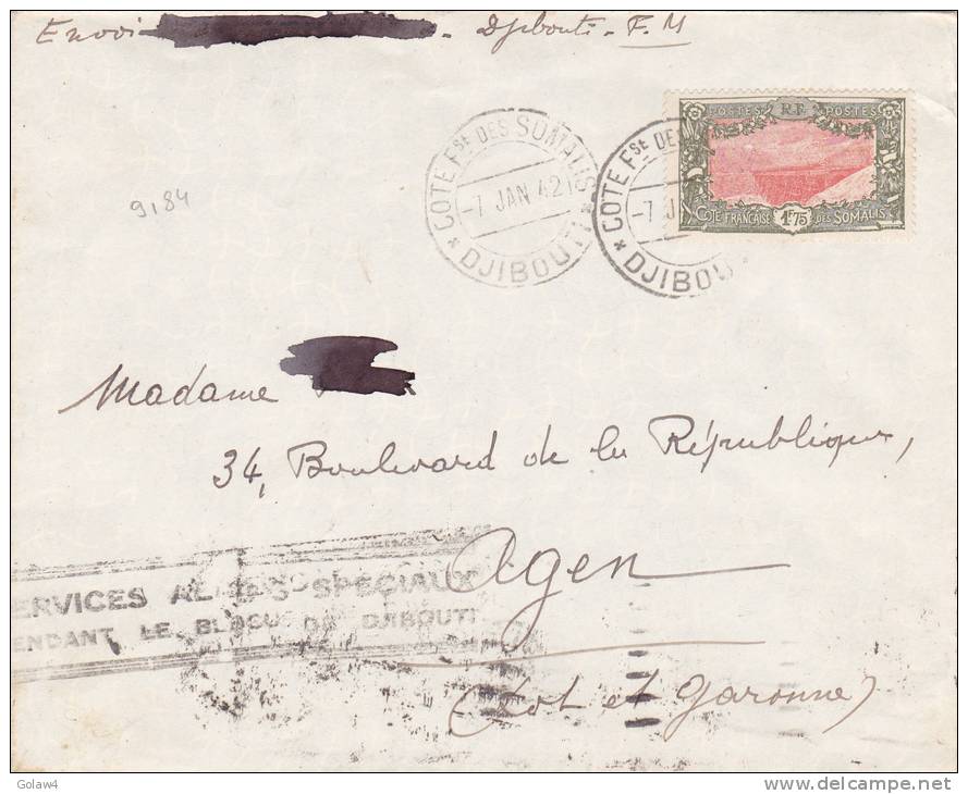 9184# COTE DES SOMALIS N°135A / LETTRE DJIBOUTI 1942 SERVICES AERIENS SPECIAUX PENDANT BLOCUS AGEN LOT GARONNE - Lettres & Documents