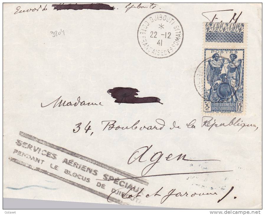 9204# COTE DES SOMALIS N°156 / LETTRE DJIBOUTI 1941 SERVICES AERIENS SPECIAUX PENDANT BLOCUS AGEN LOT GARONNE - Storia Postale