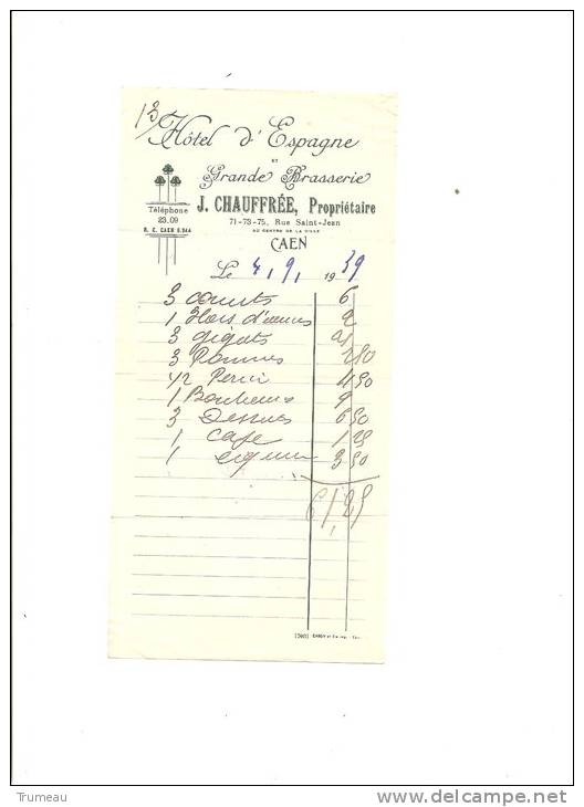 CAEN HOTEL D´ESPAGNE ET GRANDE BRASSERIE  1939  J CHAUFREE - Sport En Toerisme