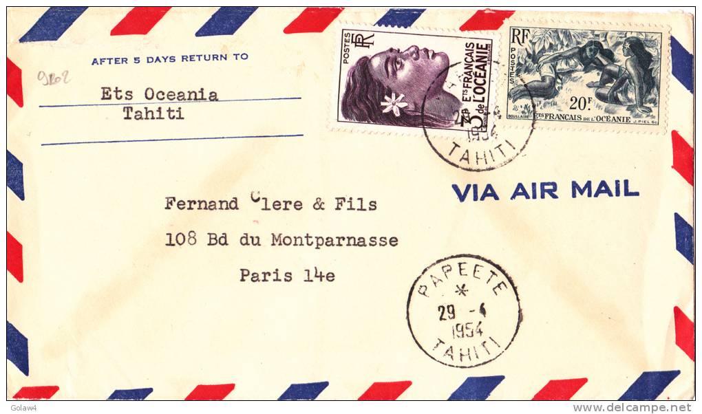 9202# LETTRE PAR AVION Obl PAPEETE TAHITI 1954 VIA AIR MAIL Pour PARIS - Otros & Sin Clasificación